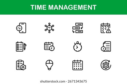 Time Management Line Icon Set – Professional Minimal Outline Symbols for Productivity, Efficiency, and Planning