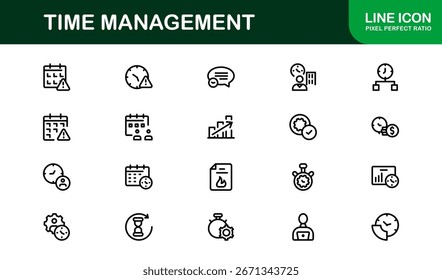 Conjunto de iconos de línea de gestión del tiempo: Profesional de símbolos de contorno mínimos para productividad, eficiencia y planificación