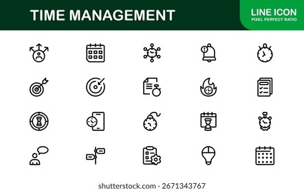 Conjunto de iconos de línea de gestión del tiempo: Profesional de símbolos de contorno mínimos para productividad, eficiencia y planificación