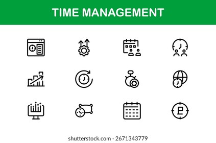 Symbolsatz für Zeitmanagement-Linien - Professionelle Symbole mit minimalen Umrissen für Produktivität, Effizienz und Planung