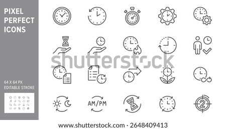 Time management line icon set. Vector illustration include icon - deadline, stopwatch, hourglass, metronome, delay, punctuality outline pictogram for work days. 64x64 Pixel Perfect, Editable Stroke.