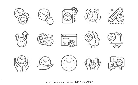 Time management line icons. Alarm clock, timer plan and project deadline signs. Countdown clock and appointment reminder icons. Linear set. Vector