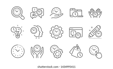 Time management line icons. Clock, timer plan and project deadline signs. Countdown clock and appointment reminder icons. Linear set. Vector