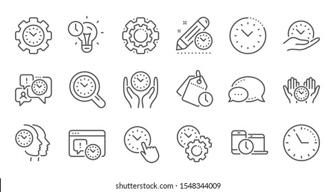Time management line icons. Clock, timer plan and project deadline signs. Countdown clock and appointment reminder icons. Linear set. Quality line set. Vector