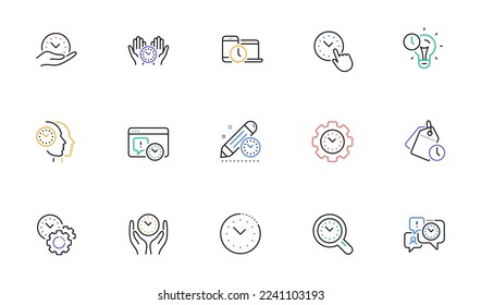 Iconos de línea de administración de tiempo. Señales de reloj, plan de temporizador y fecha límite del proyecto. Iconos del reloj de cuenta atrás y del recordatorio de cita. Conjunto lineal. Elementos web de esquema de color. Vector