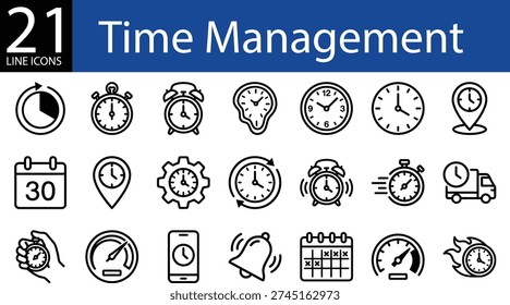 Time management line icons collection in minimalist style, clocks, calendars, alarms, speedometers, and deadlines
