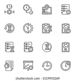 Time management line icons set. linear style symbols collection, outline signs pack. vector graphics. Set includes icons as archive document file, setting gear, deadline, backup time, transfer, clock