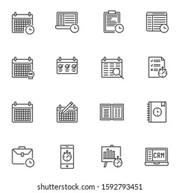 Time management line icons set. linear style symbols collection, outline signs pack. vector graphics. Set includes icons as calendar date page, agenda, appointment schedule reminder, stopwatch, clock 