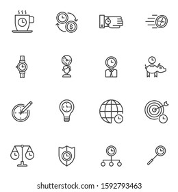 Time management line icons set. linear style symbols collection outline signs pack. vector graphics. Set includes icons as coffee break, wrist watch, target clock, time is money, world time, idea lamp