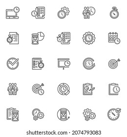 Iconos de la línea de administración de tiempo definidos. colección de símbolos de estilo lineal, paquete de signos de contorno. Gráficos vectoriales relacionados con planificación y organización. Establecer incluye iconos como tiempo de trabajo, administrador de negocios, eficiencia