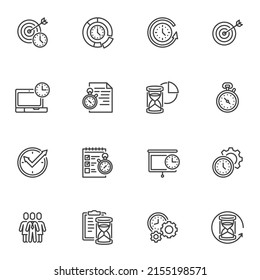 Zeit- und Management-Line-Symbole setzen, Vektorsymbol-Sammlung umreißen, Piktogramm-Paket mit linearem Stil. Zeichen, Logo-Illustration. Set enthält Symbole wie Uhrzeit, Stundenglas, Countdown-Stoppuhr, Zeitplan
