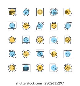 Time management line icons. Set of time management icons. Black, blue and yellow colors. Modern outline graphic design. Vector line icons set