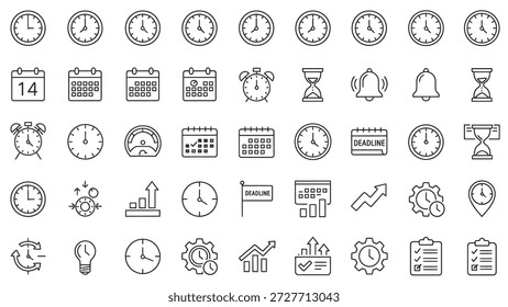 Conjunto de iconos de línea de gestión de tiempo: calendario, reloj, alarma, símbolos de programación