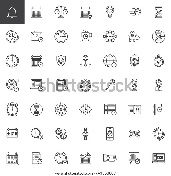 時間管理ラインアイコンセット アウトラインベクターシンボルコレクション 線形スタイルの絵文字パック 記号 ロゴ イラスト セットには カレンダー ストップウォッチ 砂時計 時計 議題 時間のアイコンが含まれます のベクター画像素材 ロイヤリティフリー