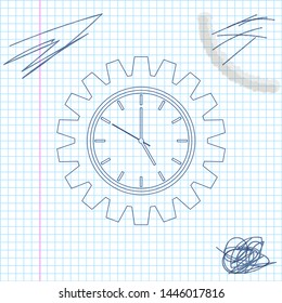 Time Management line sketch icon isolated on white background. Clock and gear sign. Productivity symbol. Vector Illustration