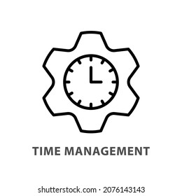 Time management linear icon. Outline simple vector of gear with hour dial inside. Contour isolated pictogram on white background
