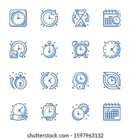 Time management linear icons set. Calendar, clock, hourglass contour symbols isolated pack. Planning and scheduling pictograms. Alarm, notification thin line illustrations collection
