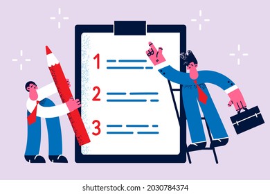 Time management and list of tasks concept. Two business people standing around huge list of work duties tasks with red pen for completing vector illustration 