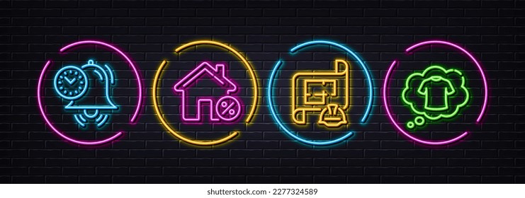 Time management, Loan house and Engineering plan minimal line icons. Neon laser 3d lights. T-shirt icons. For web, application, printing. Alarm clock, Discount percent, Technical document. Vector