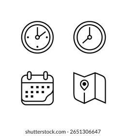 Time Management and Location Pin Line Icons Set