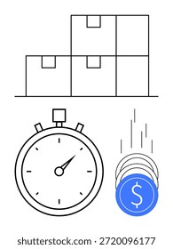 Gestión del tiempo, logística, comercio electrónico, ahorro financiero, entrega rápida, operaciones comerciales. Cronómetro, cajas apiladas cayendo monedas. Gestión del tiempo y concepto de proceso logístico