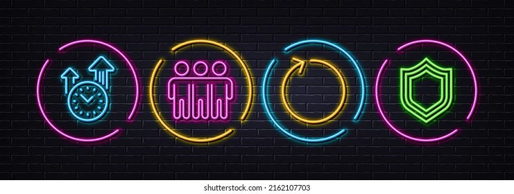 Time management, Loop and Friendship minimal line icons. Neon laser 3d lights. Security icons. For web, application, printing. Office clock, Refresh, Trust friends. Protection shield. Vector