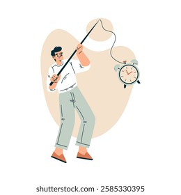 Time Management with Man Character Catch Clock with Fishing Rod Organizing Efficient Business Process Vector Illustration