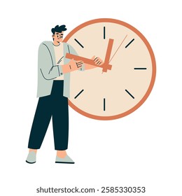 Time Management with Man Character with Clock Organizing Efficient Business Process Vector Illustration