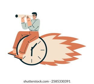 Time Management with Man Character on Clock Dial with Flame Look in Telescope Organizing Efficient Business Process Vector Illustration