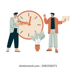 Time Management with Man Character Organizing Efficient Business Process Vector Illustration