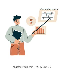 Time Management with Man Character with Pointer at Calendar Organizing Efficient Business Process Vector Illustration