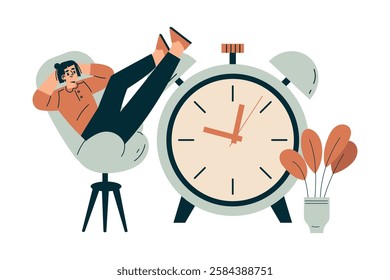 Time Management with Man Character Relax on Chair with Clock Organizing Efficient Business Process Vector Illustration