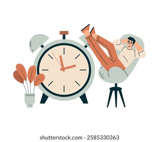 Time Management with Man Character Relax on Chair with Clock Organizing Efficient Business Process Vector Illustration