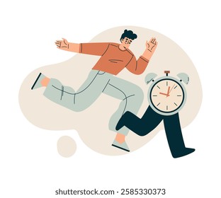 Time Management with Man Character Run with Clock Organizing Efficient Business Process Vector Illustration