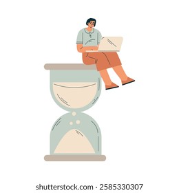 Time Management with Man Character Sit on Hourglass with Laptop Organizing Efficient Business Process Vector Illustration