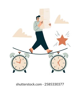 Time Management with Man Character Walking Rope Organizing Efficient Business Process Vector Illustration