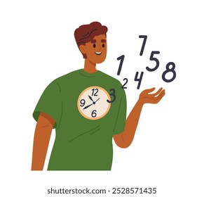 Gestión del tiempo. Hombre con relojes en el pecho. Planificación y fijación de objetivos. Programación y gestión del tiempo. Motivación y éxito. Ilustración vectorial plana aislada sobre fondo blanco