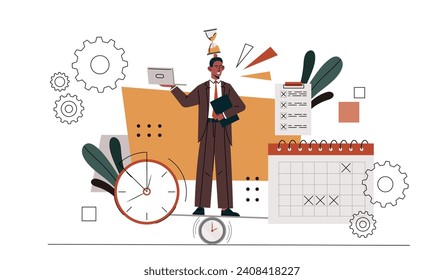 Time management man concept. Planning and scheduling. Businessman with strategy near clocks and calendar. Organizing effective workflow. Cartoon flat vector illustration isolated on white background