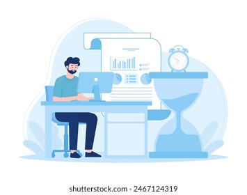 Time management  man sitting with computer working with business plan trending concept flat illustration