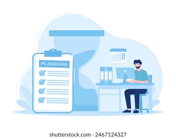 Time management  man sitting with computer working with business plan trending concept flat illustration