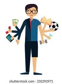 Time management. A man in a suit doing several things at once. Vector illustration