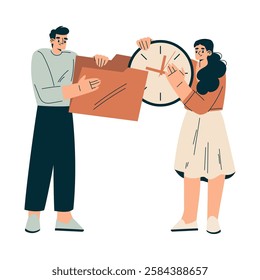 Time Management with Man and Woman Character with Clock and Folder Organizing Efficient Business Process Vector Illustration