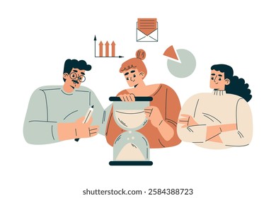 Time Management with Man and Woman Character with Hourglass Organizing Efficient Business Process Vector Illustration