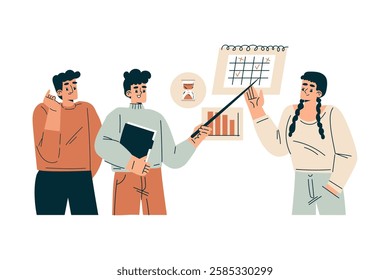 Time Management with Man and Woman Character at Calendar Organizing Efficient Business Process Vector Illustration