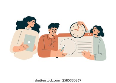 Time Management with Man and Woman Character Organizing Efficient Business Process Vector Illustration