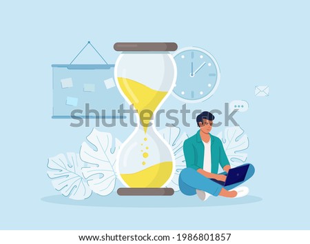 Time management. Man working on a laptop near the big sandclock, on the background of leaves, watches, whiteboard for planning, schedule. Vector illustration