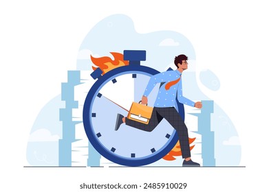 Time management man. Young guy with briefcase runs against backdrop of burning clock. Productivity and motivation. Workaholic businessman. Cartoon vector illustration isolated on white background