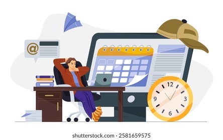Time management man. Young guy sits near calendar and clock. Organizing efficient workflow, planning and scheduling. Employee thinking about project. Flat vector illustration