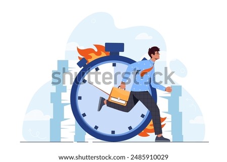 Time management man. Young guy with briefcase runs against backdrop of burning clock. Productivity and motivation. Workaholic businessman. Cartoon vector illustration isolated on white background