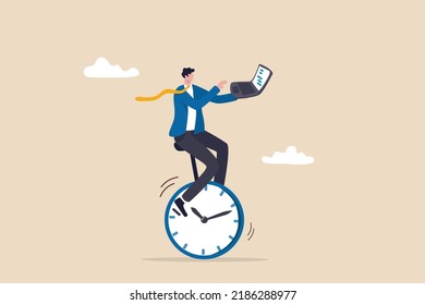 Time management, manage to finish project within deadline, productivity or efficiency to finish work, speed and urgency concept, smart businessman working with computer laptop riding clock.